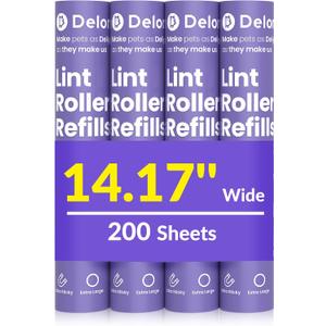 DELOMO 14.17" Large Lint Roller Refills (4 Packs 200 Sheets)  Compatible Only with DELOMO 14.17 in Giant Lint Roller  Extra Sticky Floor Lint Roller Refill for Carpets, Bedding, Couches, Pet Hair