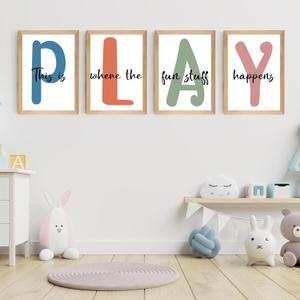 Set of 4 Framed Kids Playroom Wall Art Prints, 12x16' Toddler Nursery Children Artwork for Kids Bedroom Decoration