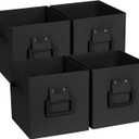 Collapsible Fabric Storage Cubes Organizer with Wood Handle, Cube Storage Bins Foldable Baskets for Organizing Home Office Closet Clothes Books, 10.5x10.5x11 Inch, 4 Pack, Black