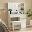 Makeup Vanity Desk with Mirror and Lights - Small Vanity Table Set with 4 Drawers, Power Outlet, USB Ports, Stool, Dressing Table with 3 Lighting Color Adjustable for Bedroom White