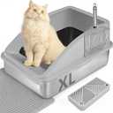 X-Large Stainless Steel Cat Litter Box, Enclosed Litter Box for Multiple Cats, Spacious and Easy to Maintain, Sturdy Metal Construction with Upper Cover, Litter Pad, Shovel and Footboard (Silver Gray)