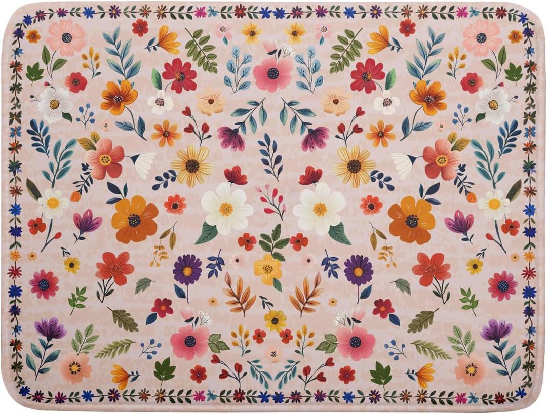 Spring Flowers Dish Drying Mat - Summer Pink Floral Washable Decorative Drying Pad for Women Home Kitchen Decor (24" x 18")