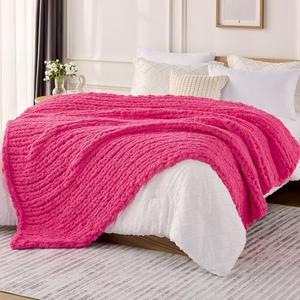 L'AGRATY Chunky Knit Blanket Throw: 50''x60'' Chenille Chunky Knitted Throw Blanket for Bed Couch - Handmade Thick Big Cable Knit Blankets - Large Crochet Rope Blanket for Home Decor(Hot Pink)