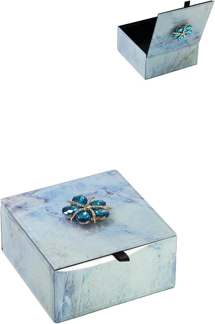 Glass Jewelry Box for Women, Marble - Patterned Handmade Jewelry Organizer Box with Crystal Badge, Jewelry Holder For Earring, Ring, Necklace, Bracelets, Gift Box for Christmas Day (Small)