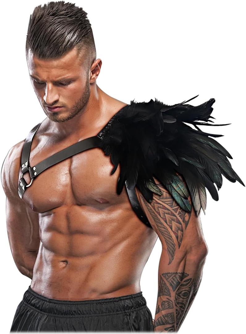 L'VOW Gothic Feather Shoulder Armor for Men Leather Harness Medieval Guards Halloween Cosplay Costume