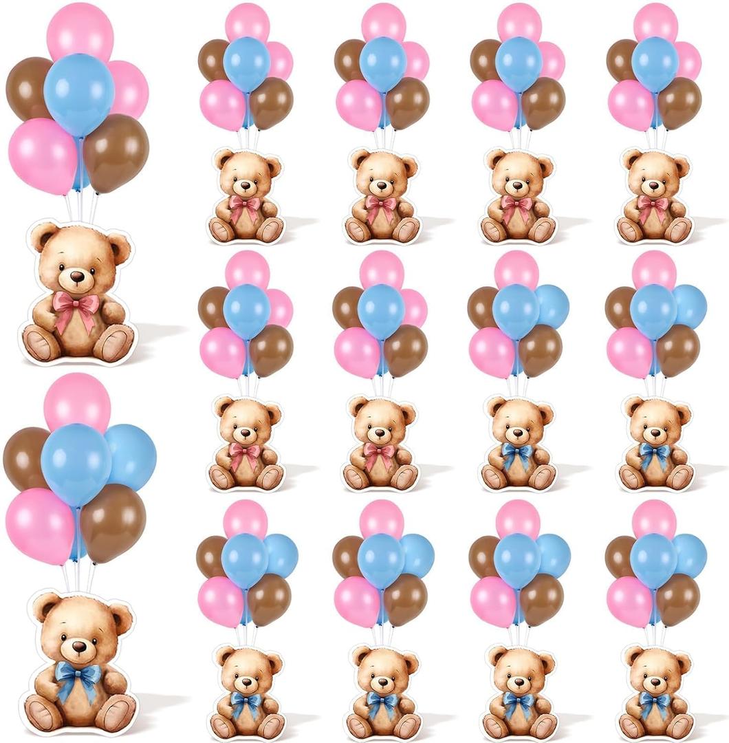 12 Sets Bear Balloon Stand Kit for Table Bear Baby Shower Centerpieces for Tables Gender Reveal Party Decoration Pink Blue Bear with Balloon for Baby Bear Temed Gender Reveal Party Supplies