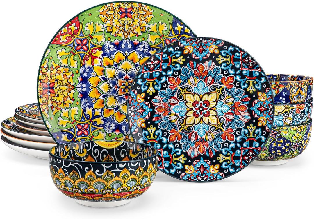 vancasso 12 Pieces Dinnerware Sets, Plates and Bowls Set, Porcelain Dishes Set for 4, Microwave and Dishwasher Safe, Scratch Resistant, Bohemian Style Dining Ware Service for 4, Series SIMI