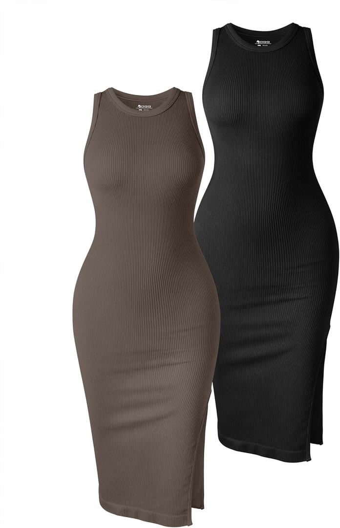 OQQ Women's 2 Piece Dress Sexy Ribbed Halter Neck Fashion Split Tank Tops Dressesm, Medium, Black,Tea Leaf