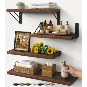 BAYKA Wall Shelves for Bathroom Decor, Floating Wall Shelves for Living Room Kitchen Storage, Mounted Rustic Wood Floating Shelves for Kids Books, Corner Shelf for Bedroom(Rustic Brown Set of 4)