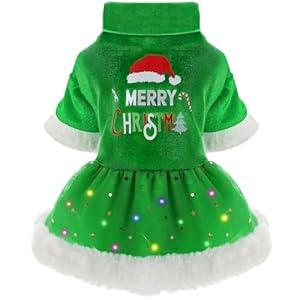 Dog Christmas Sweater Dress, LED Light Pet Christmas Outfit, Pet Clothes for Small Dogs Girl, Lightweight Velvet Puppy Dresses, Puppy Cat Apparel (Small, Green)