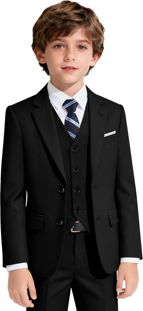 JPF Boy's Formal Suit Set Slim Fit Kids Tuxedo Suits for Wedding Teen Toddler Boy Dress Suit Outfit (14, 6pc Black)