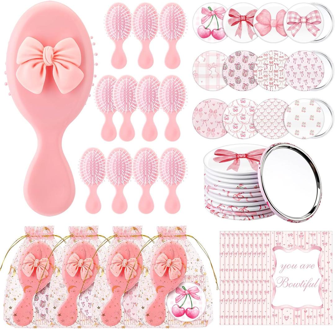 48 Pcs Gifts for Mother's Day Bow Party Favors Bow Mini Hair Brush and Little Compact Mirror with Inspirational Cards for Women Mom Girls Princess Coquette Party Favors(Cute,Pink)