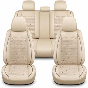Car Seat Covers Full Set 5 Seats, Faux Leather & Breathable Cooling Mesh Universal Seat Covers for Cars, Anti-Slip Airbag Compatible Front & Rear Seat Protectors for Sedans SUV Truck, Beige