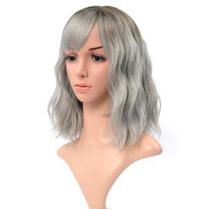 Ombre Color Natural Wavy Wig With Air Bangs Black to Gray Colorful Short Bob Wigs for Women's Shoulder Length Wigs Curly Wavy Cosplay Wig Bob Wig for Girls(12",Black-Gray)