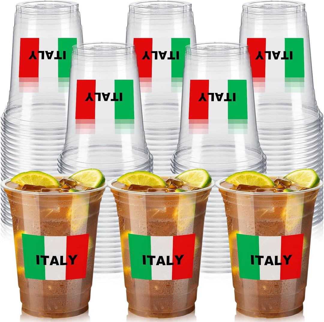 Honeydak 50 Pcs 12 oz Italian Disposable Cups Bulk Italy Flag Clear Plastic Cups Italian Party Decoration Red White Green Party Favors for Italy Family Christmas Decorations Supplies