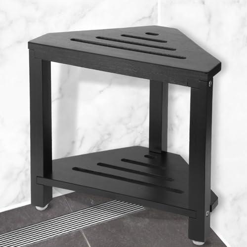 IBosins Corner Shower Stool with Storage Shelf Shower Foot Rest for Shaving Legs Small Bench for Inside Shower to Sit on Bath Seat - Acacia Wood, Black