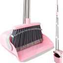 Broom and Dustpan Combo Set, Long Handle and Standing Dust Pan with Comb Teeth, Efficient Floor Cleaning for Kitchen, Outdoor, Dorm, Apartment, Office Lobby (Pink Gray)