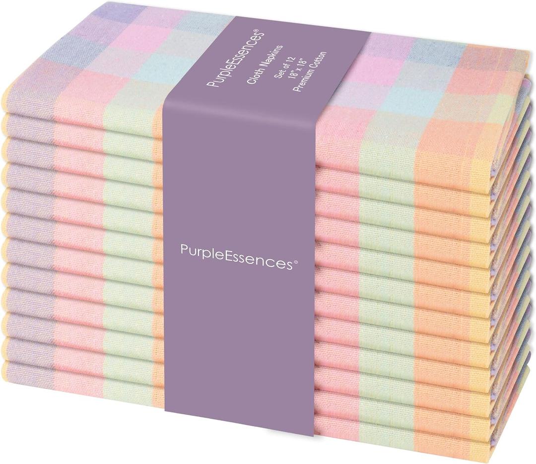 PurpleEssences Buffalo Plaid Cloth Napkins - Mitered Corners - Spring Easter Summer - Gingham Check Dinner Napkin - Set of 12-100% Cotton - 18x18 Inch - Reusable Washable - Multicolor