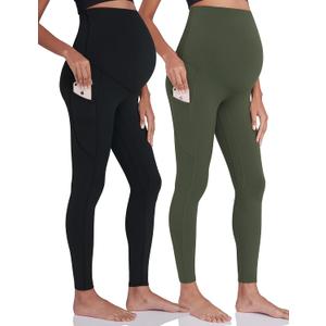 ENERFUL Women's Maternity Workout Leggings Over The Belly Pregnancy Active Wear Athletic Soft Yoga Pants with Pockets (Medium, Black+dark Green)