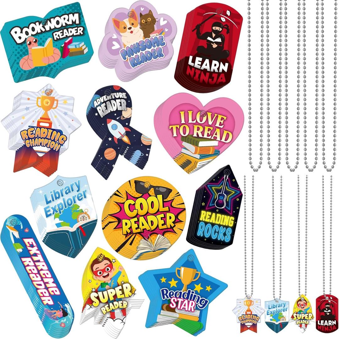 AmazingSpark 240 Pcs Student Reading Incentives Dog Tags Bulk with 24 Chains, Motivational Tag Education Awards Prizes PVC Waterproof Reading Necklace for School Classroom Teacher Reward 12 Styles