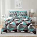 MOVE OVER 8 Pieces Queen Size Teal Blue and Grey Comforter Set with Sheet Set Geometric Triangle Comforter Bedding Set Stylish Modern Triangle Plaid Design Boho Comforter Sets for All Seasons