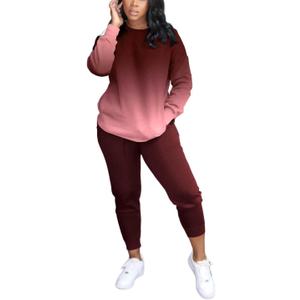 HBQ Two Piece Outfits For Women Casual Long Sleeve Sweatsuits Jogger Tracksuits Lounge Sets With Pockets-Wind Red Gradient, XXL