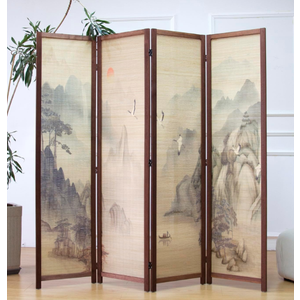 4 Panel Bamboo Room Divider, 5.6 ft Tall Double-Sided Folding Privacy Screen, Premium Thickened Wood Frame with Mountains and Waters Landscape for Home Office (67" H x 63" W)
