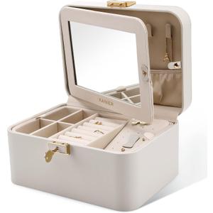 KAMIER Jewelry Box, 2 Layers PU Leather Jewelry Organizer Box, Large Capacity, Double Lock and Large Mirror, Hidden Necklace Hooks, Removable Dividers, Grey