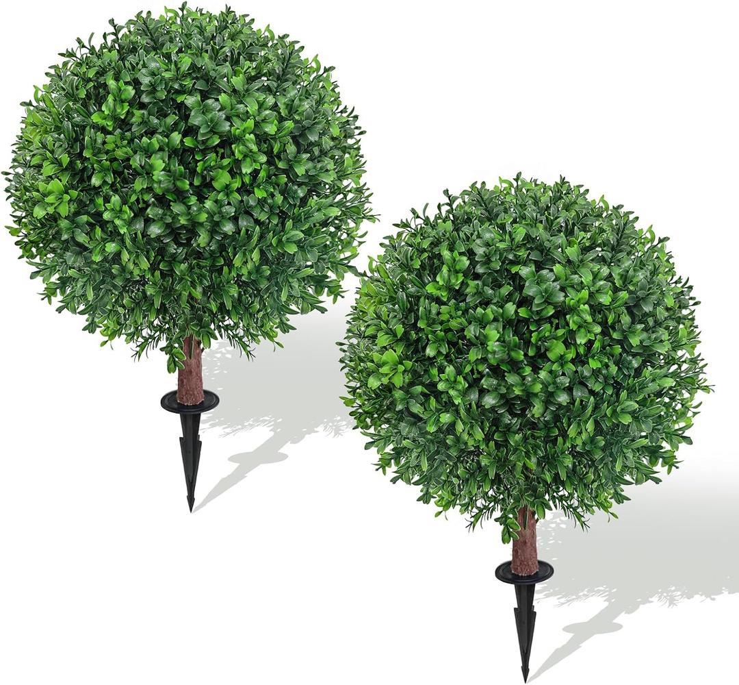 25" Artificial Boxwood Topiary Ball Tree with Ground Plugs [Set of 2] UV Protected Artificial Shrubs, Fake Evergreen Artificial Plants for Indoor and Outdoor Porch Garden