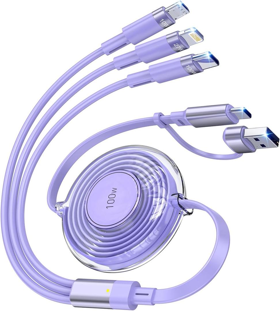 100W 6-in-1 Retractable Multi Charging Cable, USB C/Lightning/Micro Multi Charger Cord for iPhones, iPads, MacBook, Tablets, Galaxy, Note & More - 4Ft/1.2M 5A Fast Charging, Durable & Portable, Purple