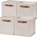 Temary 11x11 Storage Cubes Fabric Storage Cubes Storage Bins with Dual Leather Handles Canvas Storage Boxes for Organizing Home, Shelf, Closet (Beige, 11 x 11 x 11)