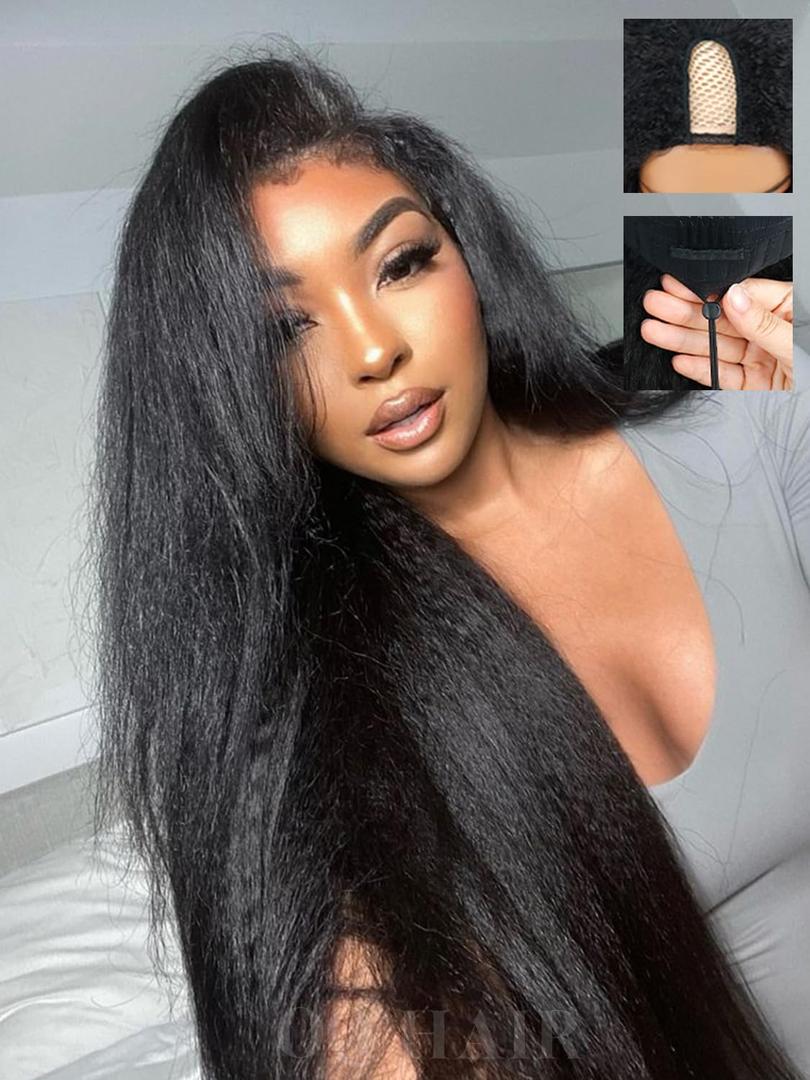 22 Inch Kinky Straight U Part Wig Human Hair for Black Women With Drawstring Natural Hairline Glueless Yaki Straight U Shape Wig No Glue Beginner Friendly Natural Color 220% Density