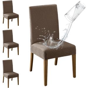 MOSAYT 100% Waterproof Dining Room Chair Covers Set of 4, Super Fit Stretch Jacquard Parson Chairs Slipcovers Removable Washable Chair Seat Protectors for Home, Kitchen, Banquet (Taupe)