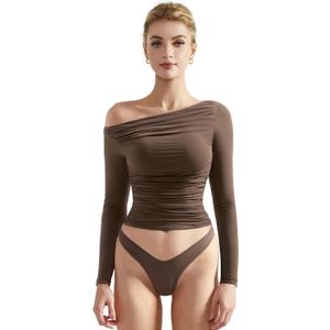 SUUKSESS Women Off Shoulder Long Sleeve Shirts Double Lined Fitted Crop Tops (Large, Brown)