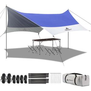 Forceatt 12x14FT Waterproof Anti-UV Camping Tarp with 2 Poles (UPF50+), Lightweight Sun Shelter for Car, Tent, Hammock in Hiking, Backpacking, Garden and Traveling