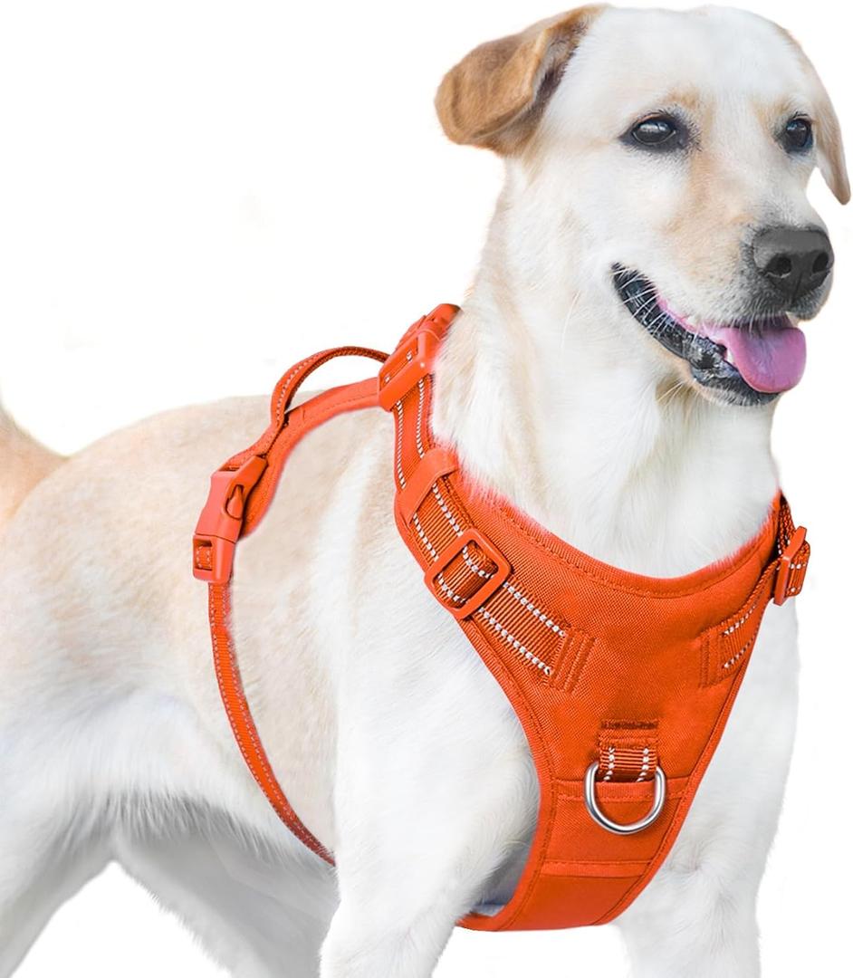 No Pull Dog Harness Front Clip Handle, Reflective Pupppy Vest | Orange L, Lockable Buckle at Neck, Adjustable, Padded, Breathable, Metal Front & Back Leash Clips, for Large Sized Dogs