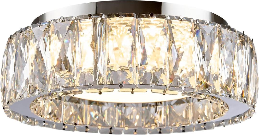 Dimmable Crystal Modern LED Flush Mount Ceiling Light,Chrome 11 Inch Small Chandelier 24W 5CCT 3000K-6000K Hallway Close to Ceiling Light Fixtures for Kitchen,Entryway,Laundry Room,Bedroom