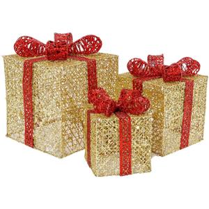 Sunnyglade 7.5-5.9-4.7 Set of 3 Christmas Lighted Gift Boxes with Bows Present Boxes for Christmas, Weddings Yard Home Holiday Art Decorations (Gold)