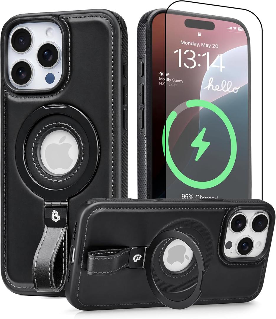 iPhone 16 Pro Max Leather Case with Stand, Anti-Slip Grip Ring, Fits for MagSafe (Black, IP 16 Pro Max-6.9inch)