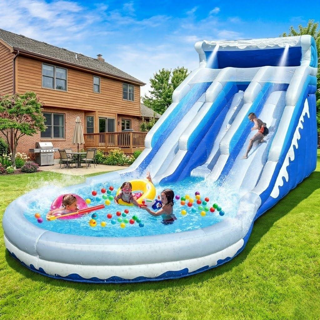 Cessbong Inflatable Water Slide for Kids and Adults with Better Drainage and Durability - Fun Outdoor Play with Easy Setup, Kids Summer Splash Fun (Dual Slide Blue Waves), 108 inches x 252 inches x 144 inches