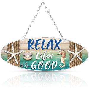 Hotop Beach Sign Decor Hanging Sea Decorations Starfish Wall Decoration Beach Plaque Door Wall Plaque Decor Sign with Seahorse and Scallop for Decoration(Classic Style)