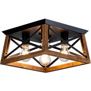 4-Light Famrhouse Light Fixture, Rustic Ceiling Light with Wood and Metal Frame, Farmhouse Flush Mount Ceiling Light for Hallway, Entryway, Bedroom, Kitchen, Living Room (Black5)