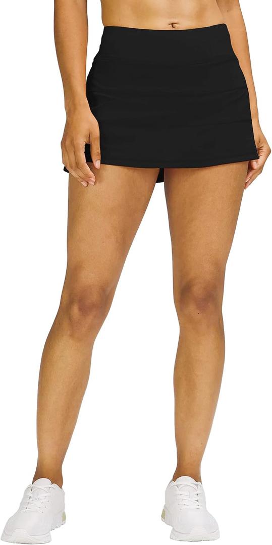 MEIVSO Women's Pleated Workout Tennis Skirts with Pockets Activewear Sports Skort Built-in Shorts (Black)