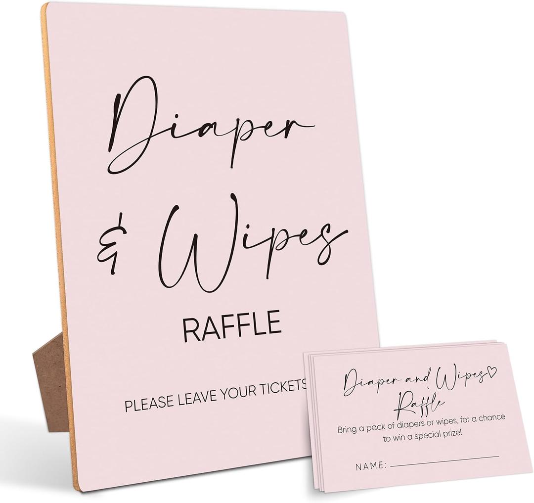 Diaper And Wipes Raffle Baby Shower Games,Baby Shower Decorations,Baby Shower Signs,Gender Reveal Decorations,Baby Shower Bingo,1 Wooden Play Sign with Stand and 50 Raffle Tickets Set Pink14