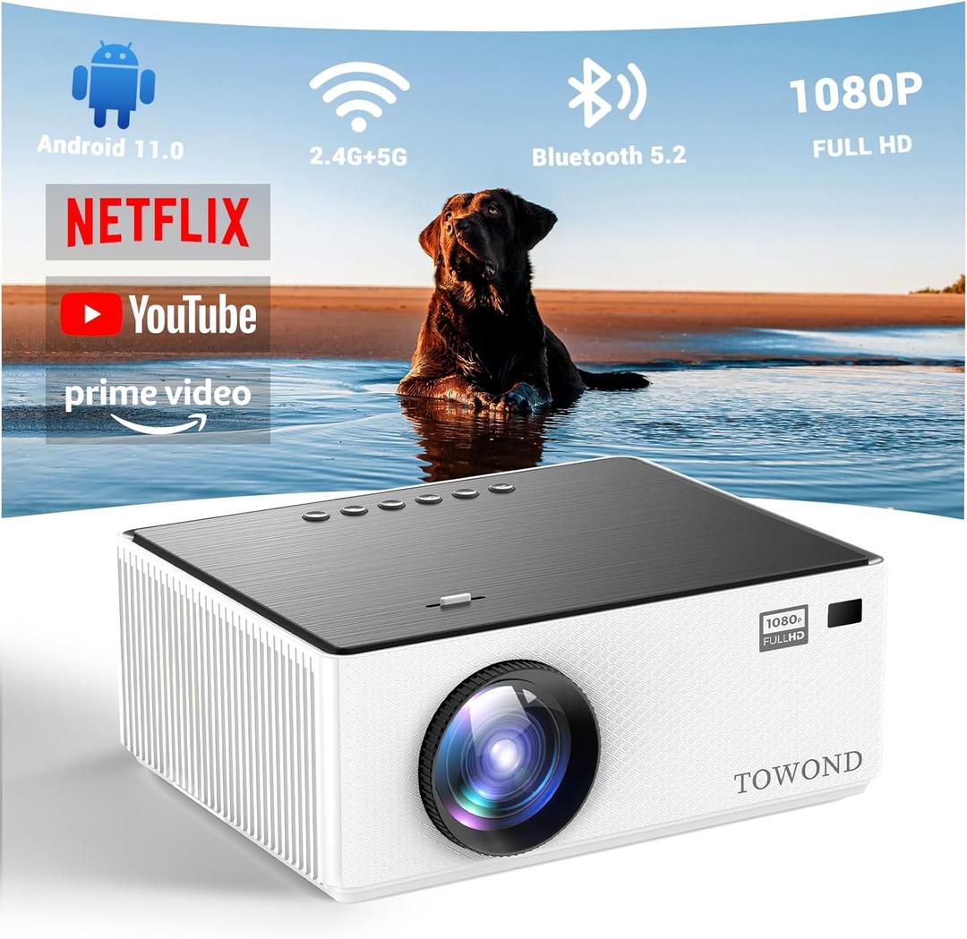 Mini Projector with Android TV 11.0, Towond Smart Projector with Wifi and Bluetooth, Portable Native 1080p Projector Built-in Netflix, Movie Projector for Outdoor/Indoor Home Cinema with 8,000+ Apps Black