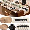 6 Sets Boho Decoration Placemats Round Woven Placemats, Cloth Napkins, Wood Bead Napkin Rings, Long Table Runner and Farmhouse Burlap Cotton for Table Kitchen (Black,12x72)