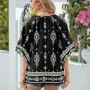Zeagoo Womens Tops 3/4 Sleeve V Neck Bohemian Blouses Casual Loose Fit Tunic Boho Shirts Floral Printed Clothes (Black, XL)