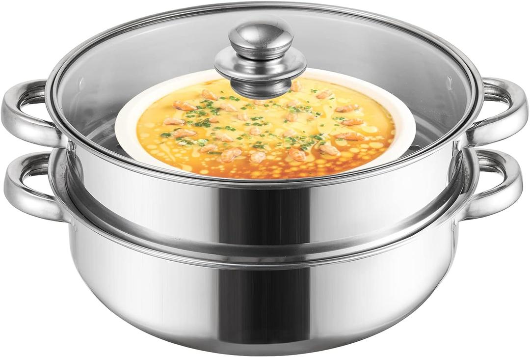 ZENFUN Steamer for Cooking, 2 Tier Stack and Steam Pot Set With Glass Lid, Stainless Steel Double Handle, 11 Inch (Thickened)