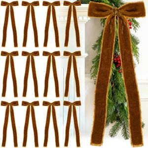 Glitinsel 20 Pcs Bronze Large Velvet Christmas Bows 4.7" x 11" Big Pre Tied Handmade Fringe Velvet Ribbon Bows 1" Wide Rustic Crafts Gift-Bows with Twist Tie for Gift Wrapping Christmas Decor