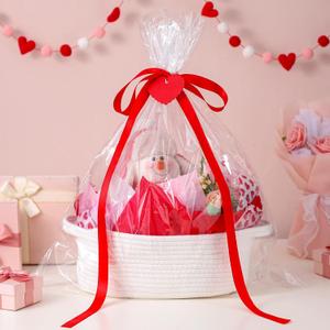 Pickmesh 10 Pcs 1 Set Valentines Gift Basket Small Woven Basket with Gift Bags Tissue Paper Label and Ribbons Clear Cellophane Bags Tags for Valentines Day Holiday Party Supplies (Red)
